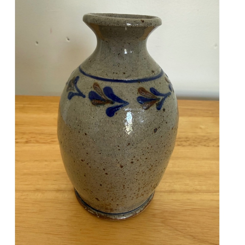 Art Pottery Stoneware Bud Vase Signed Flower Design Gray Blue Brown Handmade